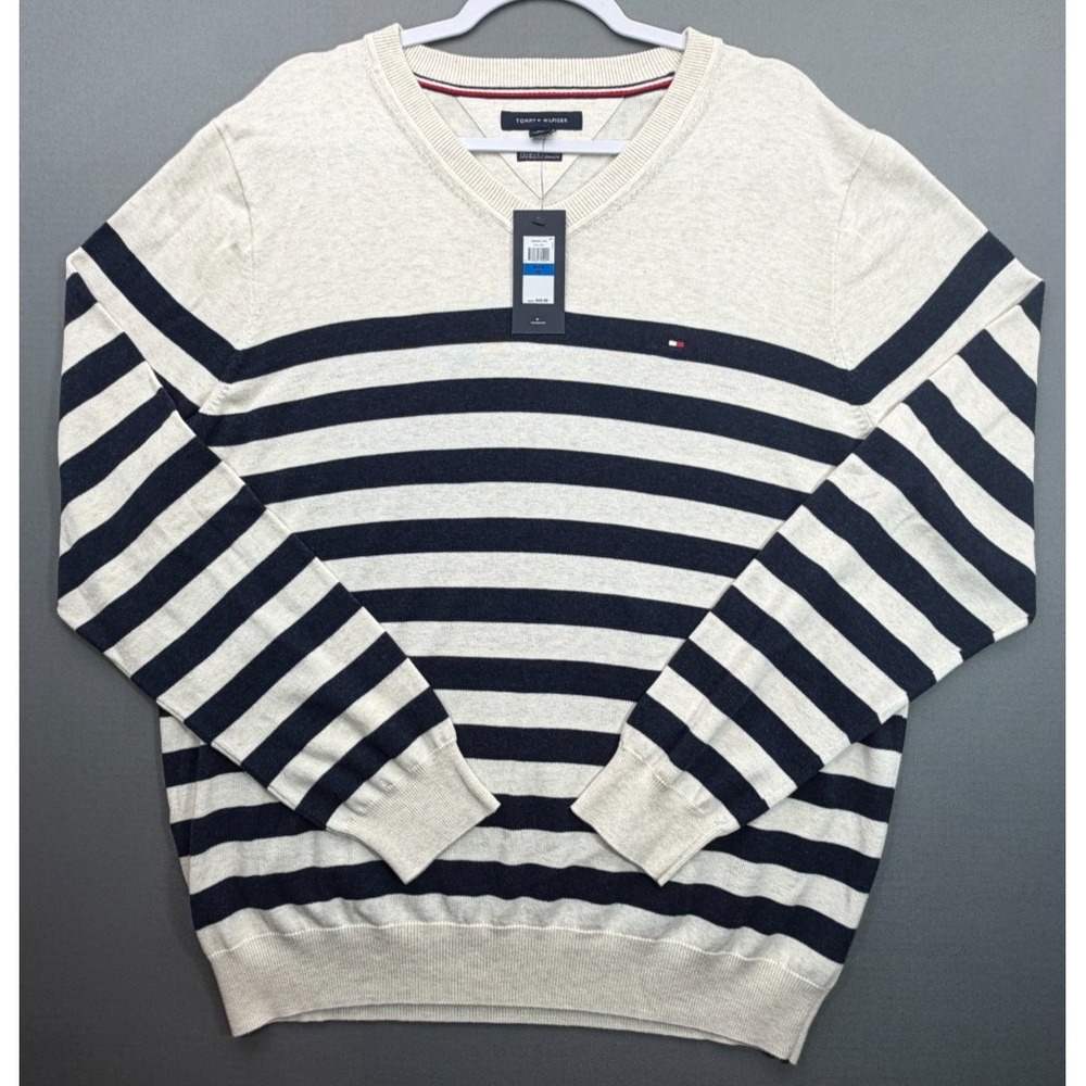 Tommy Hilfiger Sweater Gray Urban Stripe V-Neck Pullover Knit | Men's XL | Read